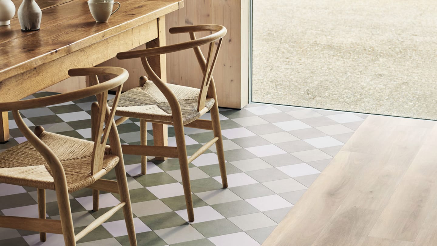 Check, DC598 - in Encaustic Okra, Stucco Opaline and Diffusion Aloe, paired with Clowes Oak in Stripwood.
