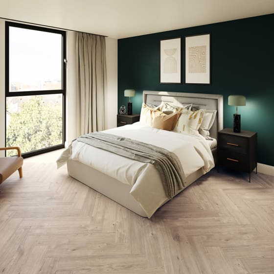 Scandi Oak in Parquet brings a modern and minimalist feel to the bedroom space
