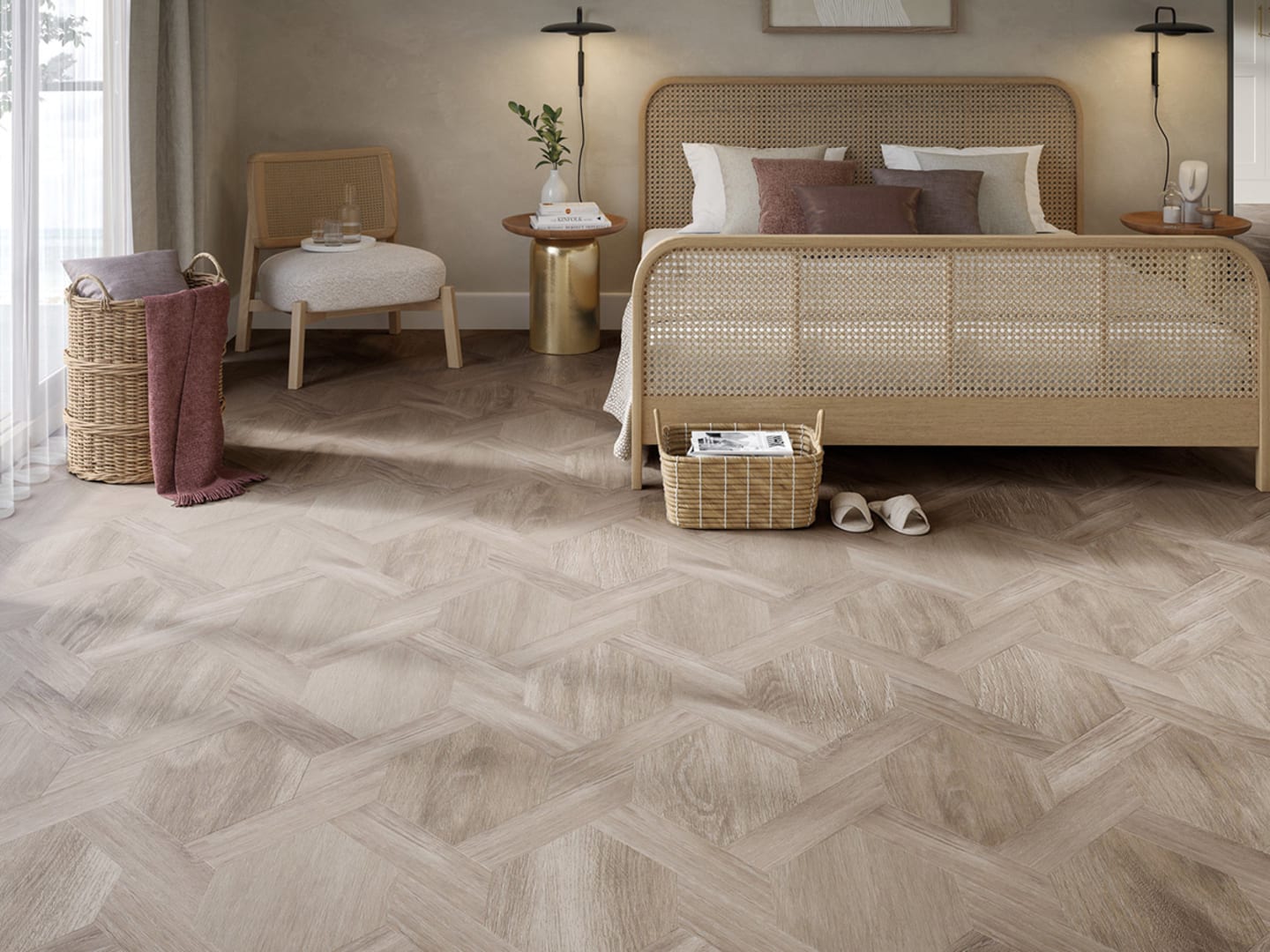 The bedroom floor features Ashdown Oak in Castel Weave laying pattern.
