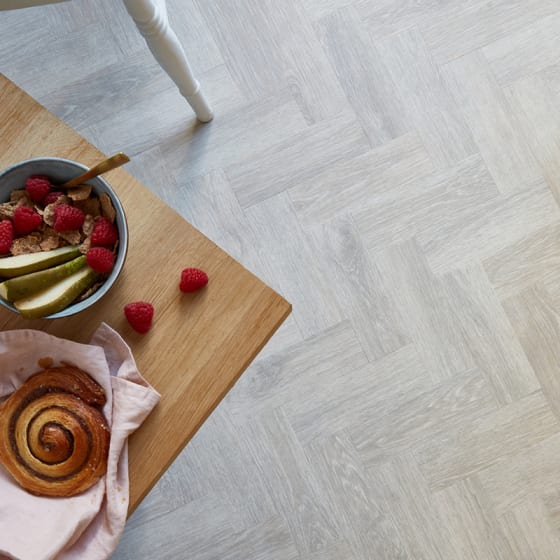 Kitchen flooring features Shell Oak in Small Parquet