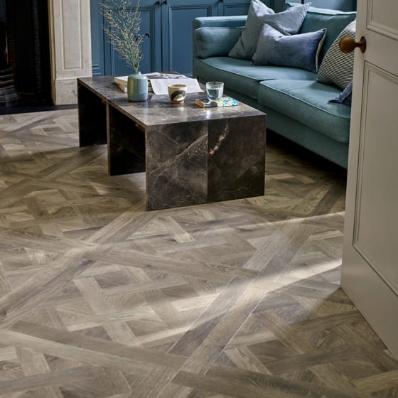 Living froom floor features Friston Oak in Versailles Parquet laying pattern