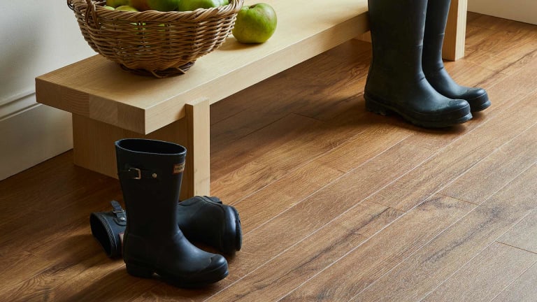 Sherwood Oak in a hallway with a bench and boots